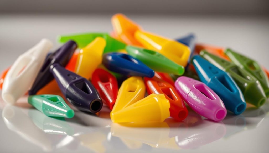 A well-lit, close-up shot of an assortment of plastic ocarinas, showcasing their diverse colors, shapes, and sizes. The ocarinas are arranged on a clean, reflective surface, creating a visually appealing and high-quality product display. The lighting should be soft and diffused, highlighting the textures and details of the instruments. The composition should be balanced and visually striking, conveying a sense of quality, value, and accessibility for the consumer. The overall tone should be professional, informative, and visually compelling, reflecting the article's focus on the pros and cons of affordable plastic ocarinas.