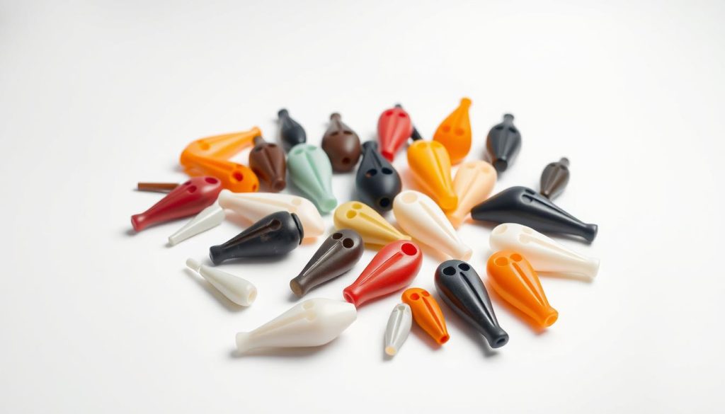 A well-lit, high-quality studio shot of a collection of various plastic ocarinas on a minimalist white surface, with a soft, even lighting setup that accentuates the subtle textures and colors of the instruments. The ocarinas are arranged in a visually appealing, asymmetrical composition, showcasing their diverse shapes, sizes, and tonal ranges. The background is clean and uncluttered, allowing the ocarinas to be the focal point. The image conveys a sense of quality, craftsmanship, and the versatility of these affordable, accessible musical instruments.