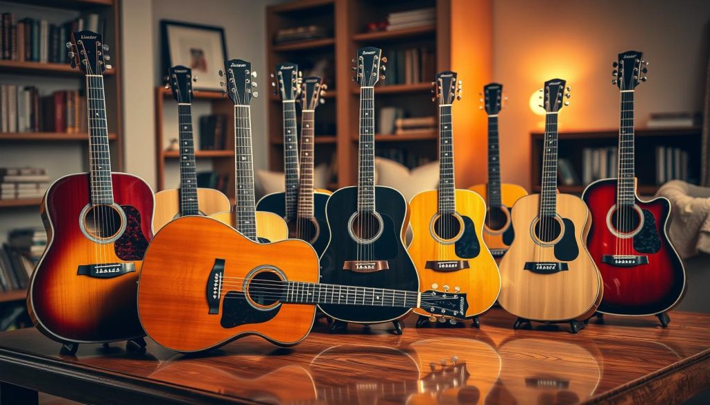 A beautifully arranged Ibanez acoustic guitar, showcasing various models and body shapes such as dreadnought, concert, and parlor, positioned on a polished wooden table. In the foreground, the guitars are displayed with intricate details highlighting their glossy finishes, unique inlays, and distinctive headstocks. In the middle, a soft, warm light illuminates the guitars, creating subtle reflections and deep shadows that accentuate their curves and craftsmanship. The background features a cozy room with bookshelves and soft textiles, enhancing the inviting atmosphere. The image is shot from an angle that captures the depth and elegance of the guitars, evoking a sense of warmth and artistry, inviting readers to explore the options for choosing the perfect Ibanez acoustic guitar. A beautifully arranged Ibanez acoustic guitar, showcasing various models and body shapes such as dreadnought, concert, and parlor, positioned on a polished wooden table. In the foreground, the guitars are displayed with intricate details highlighting their glossy finishes, unique inlays, and distinctive headstocks. In the middle, a soft, warm light illuminates the guitars, creating subtle reflections and deep shadows that accentuate their curves and craftsmanship. The background features a cozy room with bookshelves and soft textiles, enhancing the inviting atmosphere. The image is shot from an angle that captures the depth and elegance of the guitars, evoking a sense of warmth and artistry, inviting readers to explore the options for choosing the perfect Ibanez acoustic guitar.