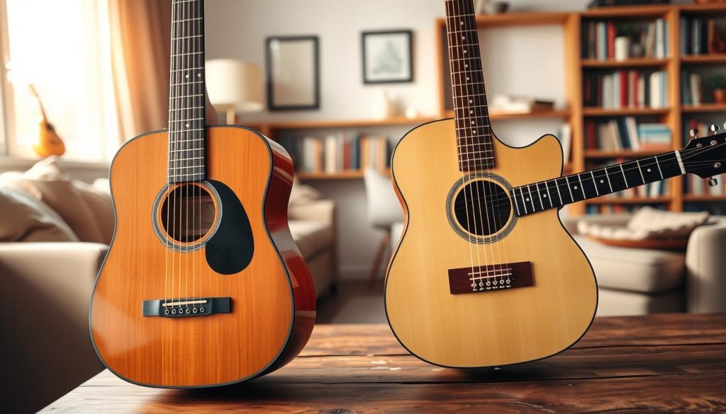 A beautifully arranged scene comparing a six-string acoustic guitar and a twelve-string acoustic guitar side by side on a rustic wooden table. The six-string guitar, with its elegant curves and warm mahogany finish, contrasts with the twelve-string guitar, which has a slightly wider body and a brighter, more intricate design. Soft, natural sunlight filters through a nearby window, casting gentle shadows that enhance the texture of the guitars. In the background, a cozy living room with soft, neutral tones and a bookshelf filled with music-related books provides a warm atmosphere. The focus is sharp on the guitars, highlighting their details, while the background remains softly blurred to emphasize the comparison. A beautifully arranged scene comparing a six-string acoustic guitar and a twelve-string acoustic guitar side by side on a rustic wooden table. The six-string guitar, with its elegant curves and warm mahogany finish, contrasts with the twelve-string guitar, which has a slightly wider body and a brighter, more intricate design. Soft, natural sunlight filters through a nearby window, casting gentle shadows that enhance the texture of the guitars. In the background, a cozy living room with soft, neutral tones and a bookshelf filled with music-related books provides a warm atmosphere. The focus is sharp on the guitars, highlighting their details, while the background remains softly blurred to emphasize the comparison.