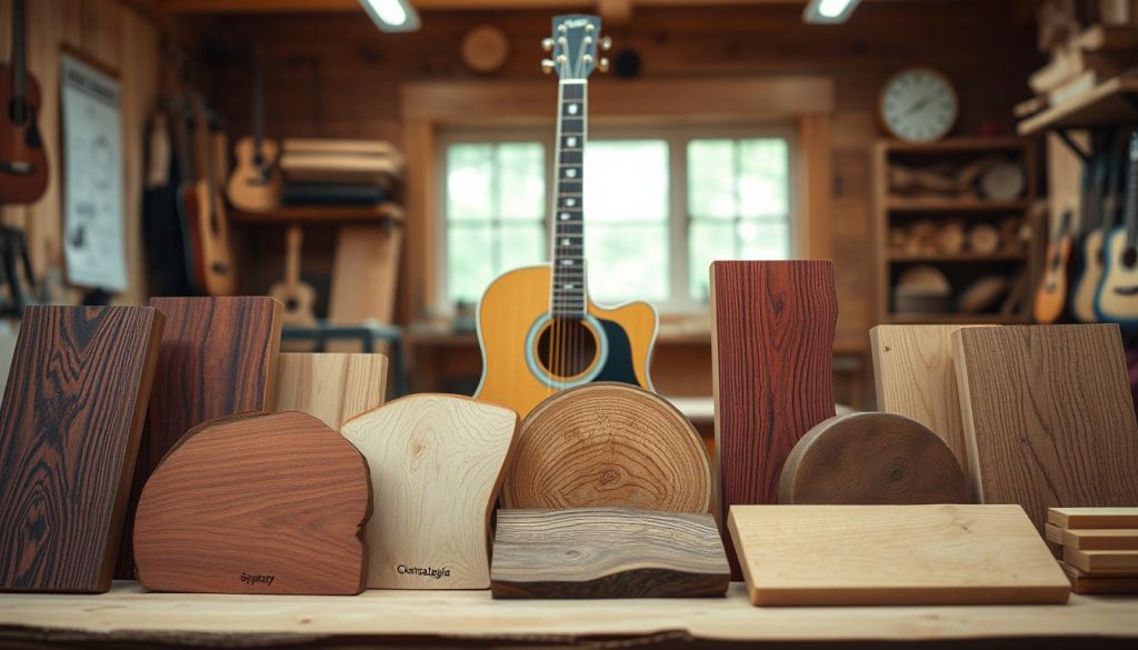 A beautifully arranged selection of different types of acoustic guitar woods, displayed prominently in the foreground. Showcase varied grains and textures, including mahogany, spruce, rosewood, and cedar, each piece labeled subtly with its name. In the middle ground, display an acoustic guitar partially assembled, revealing its intricate internal structure and use of tonewoods, emphasizing craftsmanship. The background should be a softly blurred artisan workshop, with warm wood tones and natural light filtering through a window, enhancing an inviting atmosphere. Use natural, diffused lighting to highlight the wood's natural patterns and colors, creating a cozy and artistic mood. The scene captures the essence of selecting woods for desired sound quality in acoustic guitar construction. A beautifully arranged selection of different types of acoustic guitar woods, displayed prominently in the foreground. Showcase varied grains and textures, including mahogany, spruce, rosewood, and cedar, each piece labeled subtly with its name. In the middle ground, display an acoustic guitar partially assembled, revealing its intricate internal structure and use of tonewoods, emphasizing craftsmanship. The background should be a softly blurred artisan workshop, with warm wood tones and natural light filtering through a window, enhancing an inviting atmosphere. Use natural, diffused lighting to highlight the wood's natural patterns and colors, creating a cozy and artistic mood. The scene captures the essence of selecting woods for desired sound quality in acoustic guitar construction.