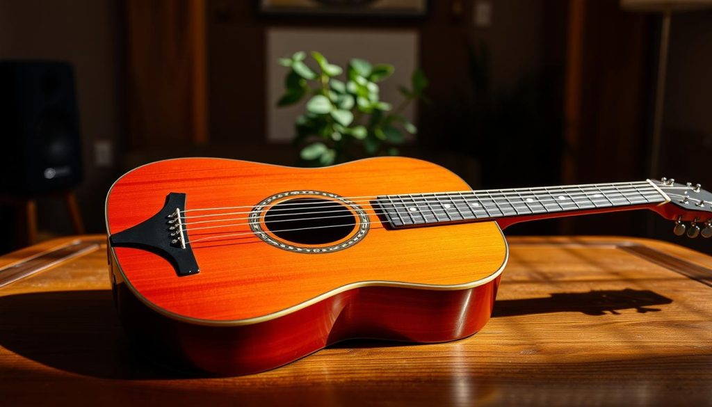 A beautifully crafted Ibanez AW54CE electro-acoustic guitar is showcased in the foreground, resting on an elegant wooden table. The guitar's warm-hued mahogany body glimmers under soft, natural light, highlighting its smooth finish and intricate rosette around the soundhole. The strings are slightly reflective, capturing hints of light, while the fingerboard, adorned with small dot inlays, adds a touch of sophistication. In the middle ground, a cozy, dimly lit room with acoustic panels and warm-toned wood accents enhances the intimate atmosphere. The background features softly blurred plants, giving a homey feel. The composition is captured from a low angle to accentuate the guitar's curves and craftsmanship, evoking a warm, inviting mood ideal for music enthusiasts. A beautifully crafted Ibanez AW54CE electro-acoustic guitar is showcased in the foreground, resting on an elegant wooden table. The guitar's warm-hued mahogany body glimmers under soft, natural light, highlighting its smooth finish and intricate rosette around the soundhole. The strings are slightly reflective, capturing hints of light, while the fingerboard, adorned with small dot inlays, adds a touch of sophistication. In the middle ground, a cozy, dimly lit room with acoustic panels and warm-toned wood accents enhances the intimate atmosphere. The background features softly blurred plants, giving a homey feel. The composition is captured from a low angle to accentuate the guitar's curves and craftsmanship, evoking a warm, inviting mood ideal for music enthusiasts.
