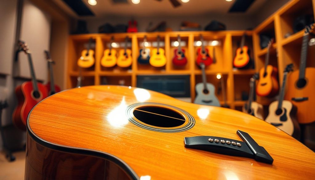 A beautifully crafted electro-acoustic guitar with a clear sound hole prominently displayed in the foreground, showcasing its glossy finish and intricate wood grain patterns. The guitar features a built-in pickup system, with visible controls for tone and volume. In the middle ground, a softly lit music studio setting features warm wooden shelves lined with various acoustic instruments, enhancing the musical atmosphere. The background includes subtle hints of soundproofing panels and ambient lighting, creating a cozy and inviting vibe. Soft shadows gently fall across the scene, with a focus on the guitar, captured with a shallow depth of field to emphasize its features. The overall mood is warm and artistic, inviting the viewer to explore the nuances of choosing between acoustic and electro-acoustic guitars. A beautifully crafted electro-acoustic guitar with a clear sound hole prominently displayed in the foreground, showcasing its glossy finish and intricate wood grain patterns. The guitar features a built-in pickup system, with visible controls for tone and volume. In the middle ground, a softly lit music studio setting features warm wooden shelves lined with various acoustic instruments, enhancing the musical atmosphere. The background includes subtle hints of soundproofing panels and ambient lighting, creating a cozy and inviting vibe. Soft shadows gently fall across the scene, with a focus on the guitar, captured with a shallow depth of field to emphasize its features. The overall mood is warm and artistic, inviting the viewer to explore the nuances of choosing between acoustic and electro-acoustic guitars.