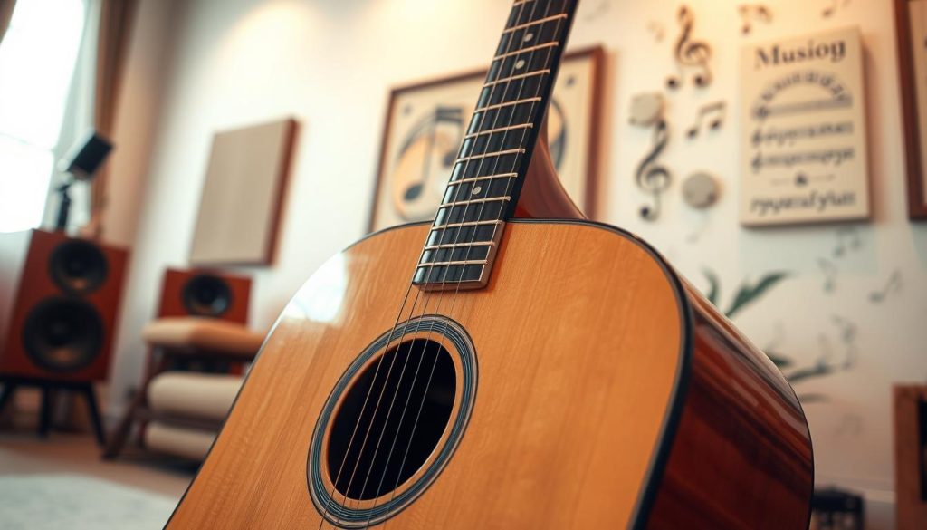 A beautifully crafted twelve-string acoustic guitar is prominently displayed in the foreground, showcasing its intricate wood grain and elegant curves. The body of the guitar is illuminated by soft, warm lighting, enhancing the rich tones of the natural finish. Behind the guitar, hints of a serene indoor setting are visible, with a cozy room featuring acoustic panels and musical notes artfully arranged on the walls, suggesting a nurturing creative environment. The angle of the shot captures both the depth of the guitar's familiar silhouette and the inviting ambiance of the space, evoking a sense of inspiration and artistry. The overall mood is tranquil and inviting, perfect for anyone looking to explore the advantages of a twelve-string guitar. A beautifully crafted twelve-string acoustic guitar is prominently displayed in the foreground, showcasing its intricate wood grain and elegant curves. The body of the guitar is illuminated by soft, warm lighting, enhancing the rich tones of the natural finish. Behind the guitar, hints of a serene indoor setting are visible, with a cozy room featuring acoustic panels and musical notes artfully arranged on the walls, suggesting a nurturing creative environment. The angle of the shot captures both the depth of the guitar's familiar silhouette and the inviting ambiance of the space, evoking a sense of inspiration and artistry. The overall mood is tranquil and inviting, perfect for anyone looking to explore the advantages of a twelve-string guitar.