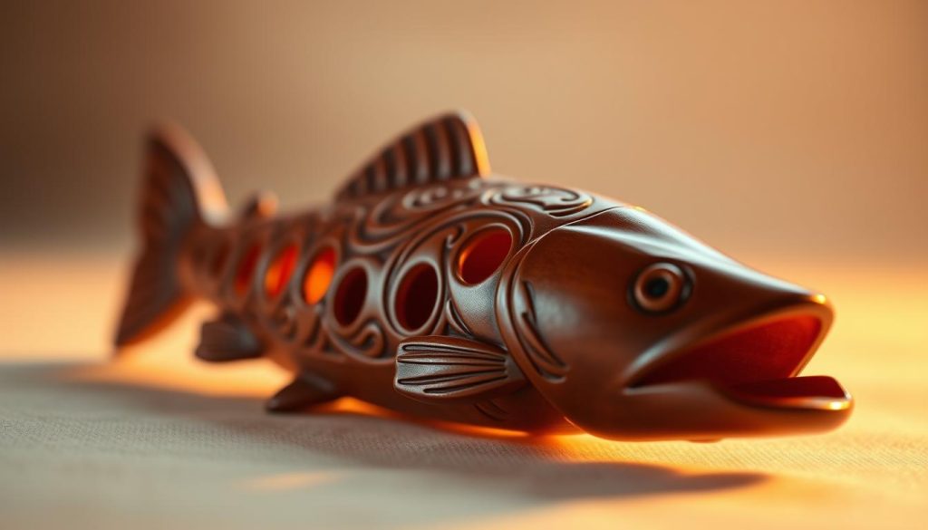 A breathtaking close-up shot of an ocarina, its intricate carved trout-shaped body gleaming in the warm studio lighting. The instrument's six finger holes and flared mouthpiece are prominently featured, showcasing the iconic Zelda design. The ocarina rests on a softly blurred background, allowing the viewer to focus on its delicate craftsmanship and the rich, earthy tones of the wood. The image conveys a sense of reverence and attention to detail, perfectly capturing the essence of choosing the right ocarina and mastering the classic Zelda melodies.