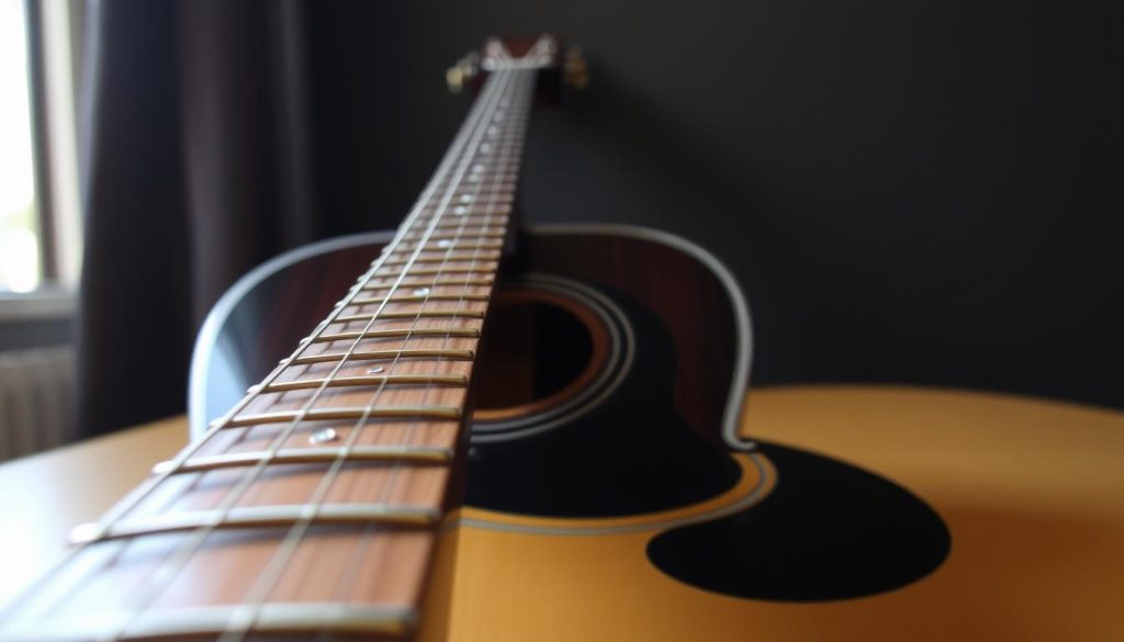 A close-up shot of a guitar neck displayed prominently in the foreground, showcasing the smooth wooden texture of the neck and the polished metal frets glistening under soft, natural lighting. In the middle ground, a high-quality acoustic Ibanez guitar body is elegantly rested against a simple, dark backdrop, accentuating its classic design features. The focus is on the fingerboard with detailed inlays, capturing the craftsmanship and precision of the frets as the light creates gentle reflections. The atmosphere is warm and inviting, evoking a sense of artistry and passion for music. The angle is slightly tilted to emphasize the depth of the neck and fretboard, creating an engaging visual perspective. A close-up shot of a guitar neck displayed prominently in the foreground, showcasing the smooth wooden texture of the neck and the polished metal frets glistening under soft, natural lighting. In the middle ground, a high-quality acoustic Ibanez guitar body is elegantly rested against a simple, dark backdrop, accentuating its classic design features. The focus is on the fingerboard with detailed inlays, capturing the craftsmanship and precision of the frets as the light creates gentle reflections. The atmosphere is warm and inviting, evoking a sense of artistry and passion for music. The angle is slightly tilted to emphasize the depth of the neck and fretboard, creating an engaging visual perspective.