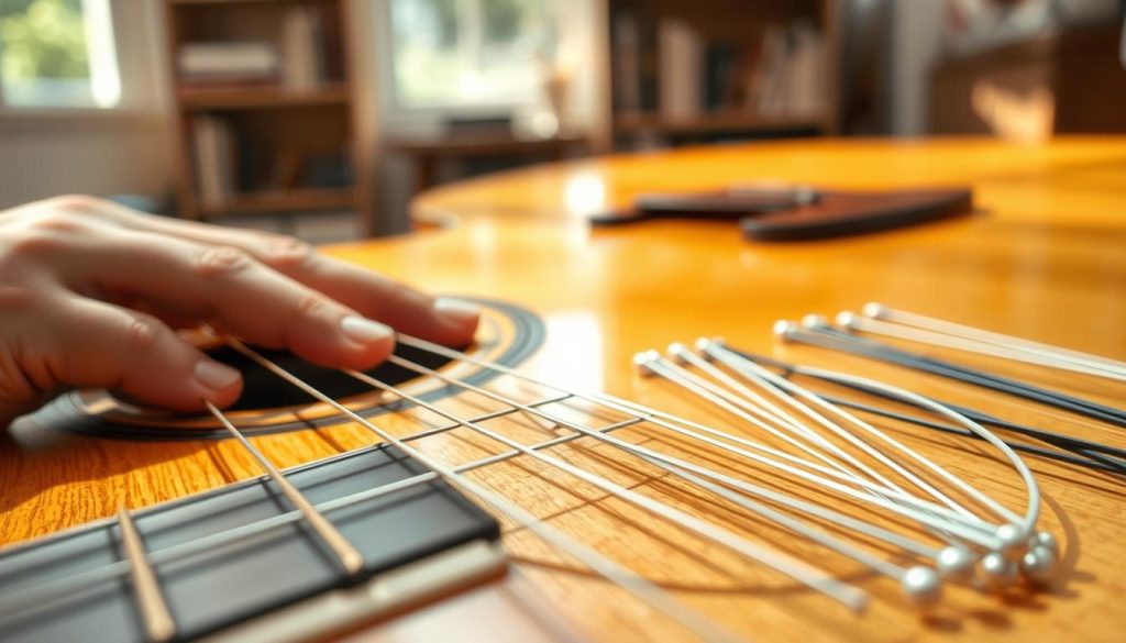 A close-up view of an acoustic guitar showcasing different types of strings, such as nylon and steel, laid out alongside the guitar. The foreground features the guitar's neck with a hand gently pressing down on the strings, illustrating comfort while playing. In the middle ground, a polished wooden guitar body reflects warm, natural light, emphasizing its craftsmanship and inviting texture. The background is softly blurred, depicting a cozy room setting with a soft-focus bookshelf and a window allowing sunlight to stream in, creating a tranquil atmosphere. The image conveys a sense of warmth and accessibility, inviting musicians to explore the nuances of string choice and playability. Natural lighting floods the scene, enhancing the wood grain details and the overall inviting mood. A close-up view of an acoustic guitar showcasing different types of strings, such as nylon and steel, laid out alongside the guitar. The foreground features the guitar's neck with a hand gently pressing down on the strings, illustrating comfort while playing. In the middle ground, a polished wooden guitar body reflects warm, natural light, emphasizing its craftsmanship and inviting texture. The background is softly blurred, depicting a cozy room setting with a soft-focus bookshelf and a window allowing sunlight to stream in, creating a tranquil atmosphere. The image conveys a sense of warmth and accessibility, inviting musicians to explore the nuances of string choice and playability. Natural lighting floods the scene, enhancing the wood grain details and the overall inviting mood.