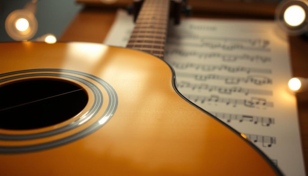 A close-up view of the essential parts of an acoustic guitar, showcasing intricate details. The foreground displays the guitar's body with a polished finish, highlighting the sound hole, bridge, and strings with a glimmering effect from soft, warm lighting. In the middle, focus on the neck and fretboard, with visible fret markers and the tuning pegs, capturing the craftsmanship and elegance of the instrument. The background consists of a blurred music sheet and soft studio lights, creating a serene and inviting atmosphere. Use a shallow depth of field to emphasize the guitar while keeping the surroundings subtly out of focus, evoking a sense of artistry and musical inspiration. A close-up view of the essential parts of an acoustic guitar, showcasing intricate details. The foreground displays the guitar's body with a polished finish, highlighting the sound hole, bridge, and strings with a glimmering effect from soft, warm lighting. In the middle, focus on the neck and fretboard, with visible fret markers and the tuning pegs, capturing the craftsmanship and elegance of the instrument. The background consists of a blurred music sheet and soft studio lights, creating a serene and inviting atmosphere. Use a shallow depth of field to emphasize the guitar while keeping the surroundings subtly out of focus, evoking a sense of artistry and musical inspiration.