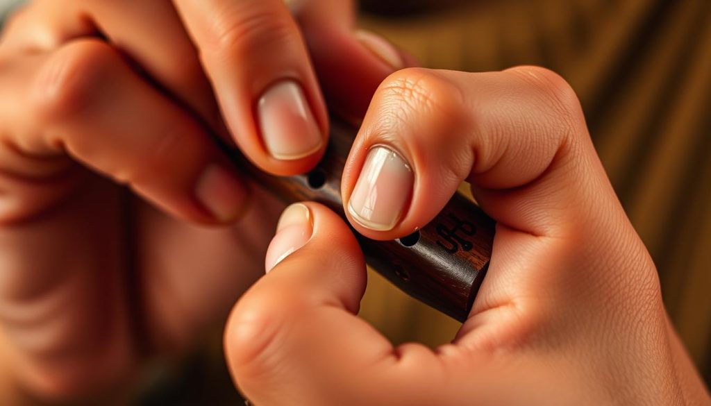 A detailed close-up of skilled fingers delicately fingering an ocarina, capturing the intricate technique required for playing this woodwind instrument. The fingers are positioned with precision, showcasing the nuanced movements and precise control needed to produce the desired musical notes. The image should have a warm, earthy tone, reflecting the organic and traditional nature of the ocarina, with soft lighting that accentuates the textures and contours of the hands. The background should be slightly blurred, allowing the focus to remain on the expressive, dexterous fingers. A detailed close-up of skilled fingers delicately fingering an ocarina, capturing the intricate technique required for playing this woodwind instrument. The fingers are positioned with precision, showcasing the nuanced movements and precise control needed to produce the desired musical notes. The image should have a warm, earthy tone, reflecting the organic and traditional nature of the ocarina, with soft lighting that accentuates the textures and contours of the hands. The background should be slightly blurred, allowing the focus to remain on the expressive, dexterous fingers.