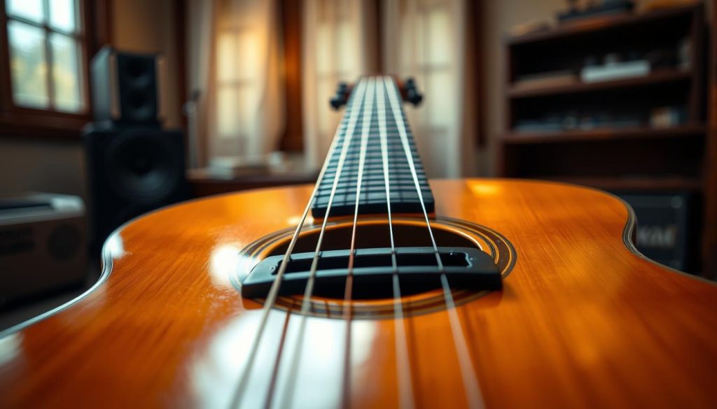 A detailed, close-up view of a 12-string acoustic guitar focused on the unique arrangement of its paired strings. The guitar is positioned at an angle, showcasing the intricate design of its body and the glossy finish reflecting warm, ambient light. The foreground highlights the bridge and the saddle where the strings meet, emphasizing the organization and pairing of each set of strings. The middle ground features the neck and fretboard, with clear visibility of the fret markers. The background is softly blurred, hinting at a cozy, inviting music studio with wooden elements and soft, diffused lighting creating a serene, artistic atmosphere. The overall mood is educational and inspiring, suitable for a musical context. A detailed, close-up view of a 12-string acoustic guitar focused on the unique arrangement of its paired strings. The guitar is positioned at an angle, showcasing the intricate design of its body and the glossy finish reflecting warm, ambient light. The foreground highlights the bridge and the saddle where the strings meet, emphasizing the organization and pairing of each set of strings. The middle ground features the neck and fretboard, with clear visibility of the fret markers. The background is softly blurred, hinting at a cozy, inviting music studio with wooden elements and soft, diffused lighting creating a serene, artistic atmosphere. The overall mood is educational and inspiring, suitable for a musical context.