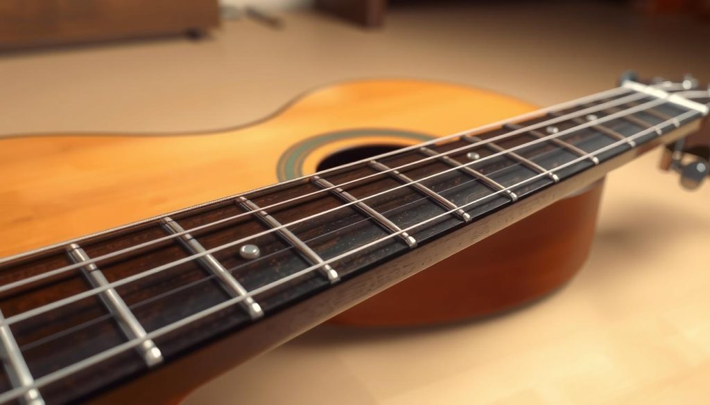 A detailed illustration of the anatomy of an acoustic guitar, focusing on the neck and strings. In the foreground, prominently display the guitar neck, highlighting the frets, fretboard, and tuning pegs with realistic textures and materials. The strings should be depicted in silver with a shimmering effect, showcasing their tension and alignment. In the middle ground, incorporate the guitar body subtly, with a warm wooden finish that contrasts with the polished neck. In the background, use soft lighting to create a gentle atmosphere, reminiscent of a cozy music studio, with muted colors to keep the focus on the guitar anatomy. The overall mood should be educational and inviting, emphasizing the craftsmanship of the instrument.