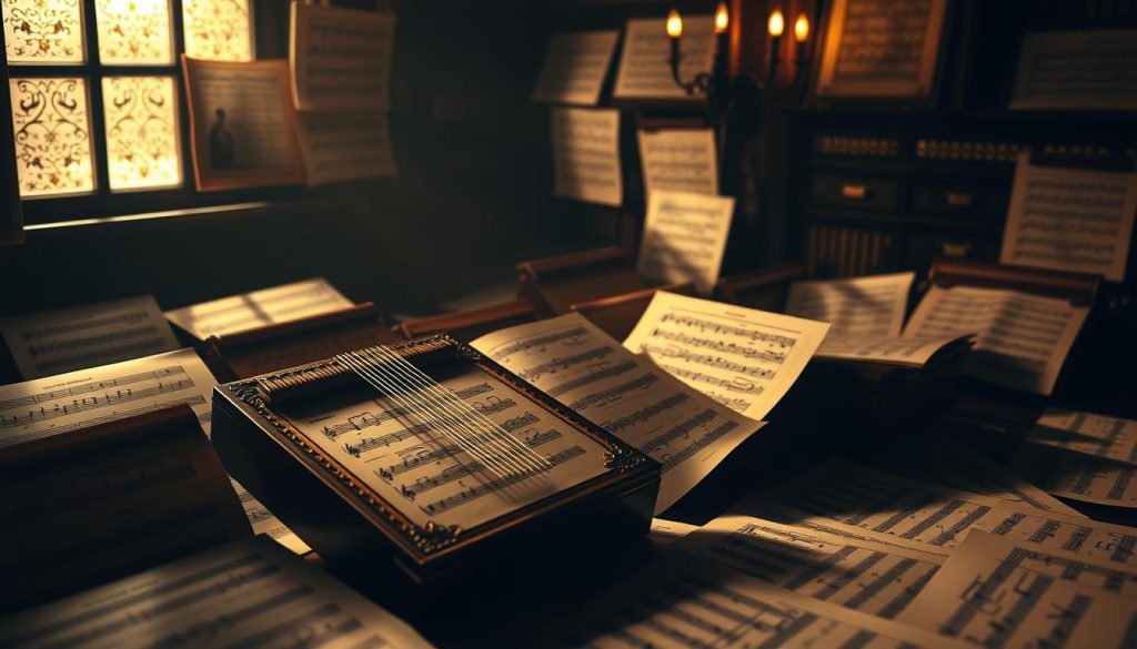 A dimly lit, intimate chamber filled with the intricate dance of sheet music partitions. Ornate lire, their delicate wooden frames and intricately carved details, cast in warm, soothing light. The partitions, meticulously arranged, their lines and notations evoking the haunting melodies of the ocarina. The scene is imbued with a sense of reverence, as if capturing the very essence of the 12-hole ocarina's repertoire and techniques. Soft shadows caress the edges, creating an atmosphere of concentration and contemplation. The composition is balanced, drawing the viewer's eye to the central focus of the lire and their partitions, the surrounding details complementing without distracting. A dimly lit, intimate chamber filled with the intricate dance of sheet music partitions. Ornate lire, their delicate wooden frames and intricately carved details, cast in warm, soothing light. The partitions, meticulously arranged, their lines and notations evoking the haunting melodies of the ocarina. The scene is imbued with a sense of reverence, as if capturing the very essence of the 12-hole ocarina's repertoire and techniques. Soft shadows caress the edges, creating an atmosphere of concentration and contemplation. The composition is balanced, drawing the viewer's eye to the central focus of the lire and their partitions, the surrounding details complementing without distracting.