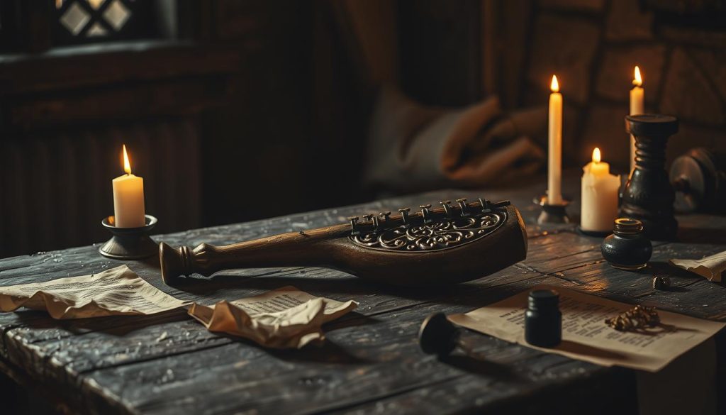 A dimly lit medieval study, the focus resting on a weathered wooden table. Atop it, an old ocarina lies forgotten, its intricate carving casting delicate shadows. Surrounding it, crumpled parchments and scattered ink bottles convey a sense of frustrated experimentation. Soft candlelight flickers, casting an amber glow that accentuates the textures of the worn materials. The atmosphere is one of contemplation and problem-solving, hinting at the challenges faced by a novice Zelda enthusiast. This scene encapsulates the "Erreurs fréquentes des débutants et solutions rapides" section of the article.