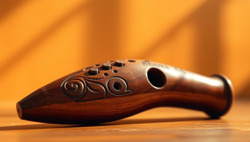 A finely crafted ocarina, its earthen tones and intricate engravings reflecting the craftsmanship of a master musician. The instrument is set against a warm, softly lit background, casting gentle shadows that accentuate its organic curves. The foreground is in sharp focus, drawing the viewer's attention to the precise details of the ocarina's construction, while the background remains subtly blurred, creating a sense of depth and emphasis. The lighting is natural and diffused, creating a cozy, inviting atmosphere that evokes the artistry and passion of the musical performance to come.