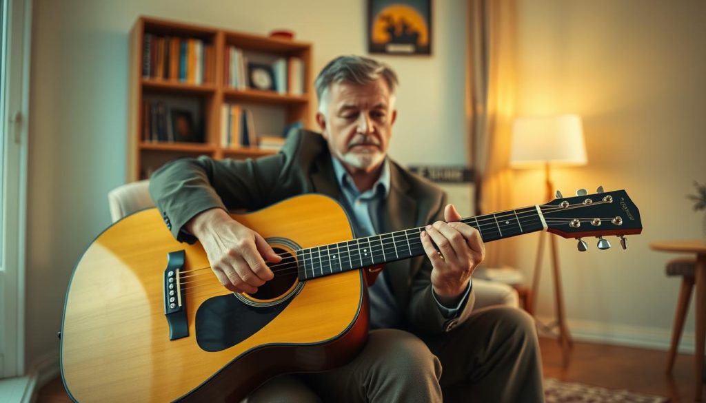 A focused musician seated on a comfortable chair, adopting a proper posture to play acoustic guitar. The foreground features the detailed positioning of the guitarist's hands on the strings, demonstrating correct finger placements. The middle ground shows the musician, a middle-aged person dressed in a smart casual outfit, looking attentive and engaged with the guitar, with their back straight and feet flat on the floor. In the background, a softly lit room with warm hues reflects a cozy atmosphere, including shelves filled with books and warm highlights from a nearby window. The lighting is natural and diffused, giving a homely feel. The overall mood is serene and inviting, encouraging an environment conducive to learning.