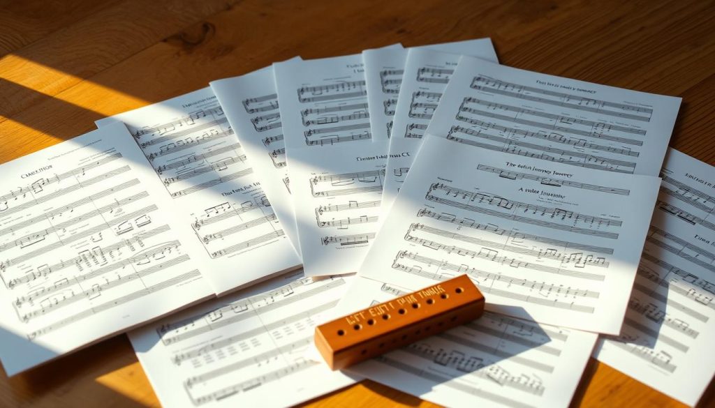 A meticulously detailed sheet music compilation, elegantly laid out on a wooden surface bathed in warm, natural lighting. The progressive repertoire for the 12-hole ocarina in the key of C encompasses a diverse array of classical compositions, world music pieces, and video game soundtracks. The scores are neatly organized, their pages fanning out to reveal the rich musical journey awaiting the skilled ocarina player. The composition is balanced, with a middle ground of the open sheet music complemented by a blurred, softly focused background, creating a sense of depth and focus on the central subject matter. A meticulously detailed sheet music compilation, elegantly laid out on a wooden surface bathed in warm, natural lighting. The progressive repertoire for the 12-hole ocarina in the key of C encompasses a diverse array of classical compositions, world music pieces, and video game soundtracks. The scores are neatly organized, their pages fanning out to reveal the rich musical journey awaiting the skilled ocarina player. The composition is balanced, with a middle ground of the open sheet music complemented by a blurred, softly focused background, creating a sense of depth and focus on the central subject matter.