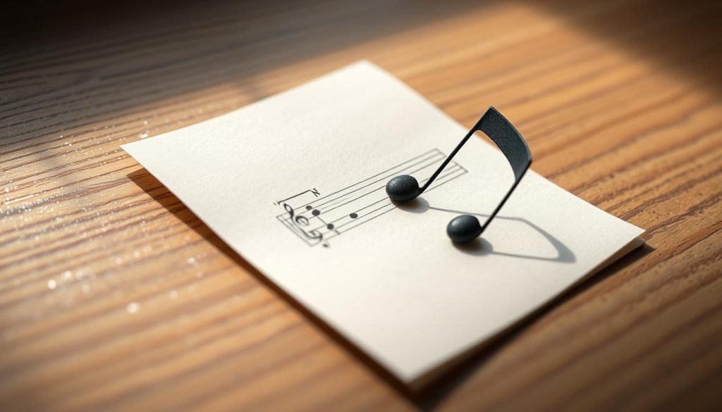 A meticulously detailed still-life photograph of a souffle volume note laid atop a wooden surface. The note is elegantly positioned, its crisp edges and subtle shading capturing the delicate nature of the musical score. Soft, diffused lighting from the side illuminates the note, casting gentle shadows that convey depth and dimension. The background is minimal, allowing the viewer to focus solely on the nuanced textures and forms of the musical notation. The overall scene exudes a sense of refined simplicity, perfectly suited to illustrate the "Techniques de jeu essentielles: souffle, articulation et liaisons sur un 12 trous" section of the "Ocarina 12 trous : répertoire et techniques" article. A meticulously detailed still-life photograph of a souffle volume note laid atop a wooden surface. The note is elegantly positioned, its crisp edges and subtle shading capturing the delicate nature of the musical score. Soft, diffused lighting from the side illuminates the note, casting gentle shadows that convey depth and dimension. The background is minimal, allowing the viewer to focus solely on the nuanced textures and forms of the musical notation. The overall scene exudes a sense of refined simplicity, perfectly suited to illustrate the "Techniques de jeu essentielles: souffle, articulation et liaisons sur un 12 trous" section of the "Ocarina 12 trous : répertoire et techniques" article.