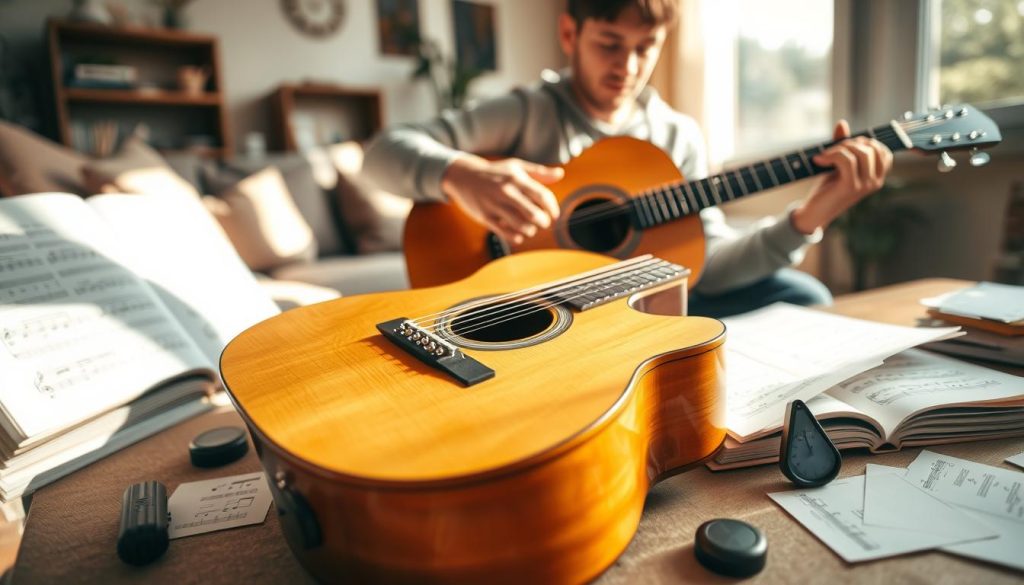 A serene and inviting scene focused on a wooden acoustic guitar resting on a sunlit table, surrounded by open music sheets and essential learning tools like a metronome and note cards. In the background, a warm and cozy living room with soft, natural light streaming through a window, casting gentle shadows. A person in modest casual attire, deeply engaged with playing the guitar, showcases an approachable and focused expression. The angle is slightly elevated to capture both the guitarist and the elements on the table. The overall mood is encouraging and peaceful, reflecting the nurturing environment for effective learning. The color palette features soft earth tones and warm yellows, enhancing the inspirational atmosphere of learning music.