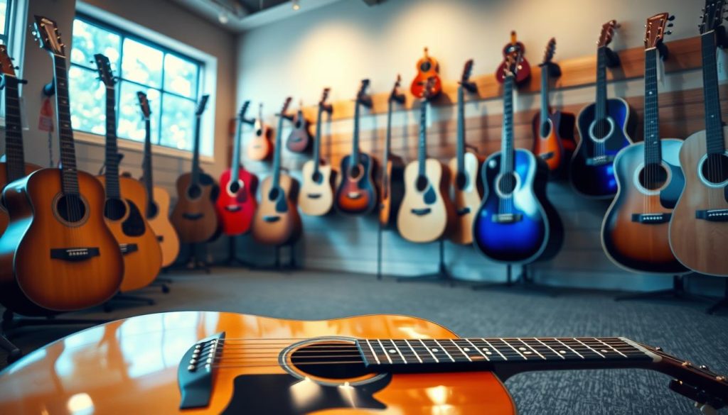 A serene music shop interior showcases a selection of acoustic guitars, each unique in design and finish. In the foreground, a warm wooden display features a shiny, polished guitar with intricate details, inviting the viewer to explore. In the middle, various guitars hang on the walls, displaying different colors and shapes, from classic dreadnoughts to smaller, parlor sizes, symbolizing the diverse options for beginners. The background includes soft, ambient lighting that creates a cozy atmosphere, diffusing through large windows to cast gentle shadows. The scene captures the excitement and deliberation of choosing the perfect first guitar, evoking a sense of inspiration and possibility. The angle is slightly elevated, providing a clear view of the instruments and the inviting space.