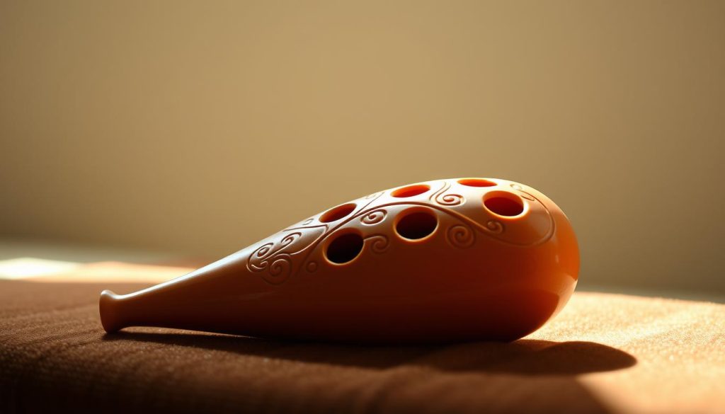 A six-hole ocarina, its body carved from warm, earthen ceramic, resting on a velvet-lined surface. Mellow natural light illuminates the instrument's intricate patterns and curves, casting soft shadows that accentuate its graceful form. The ocarina's six finger holes are precisely positioned, inviting the player's touch and promising a rich, resonant tone. In the background, a neutral, hazy backdrop suggests a serene, contemplative atmosphere, allowing the ocarina to be the central focus of the composition.