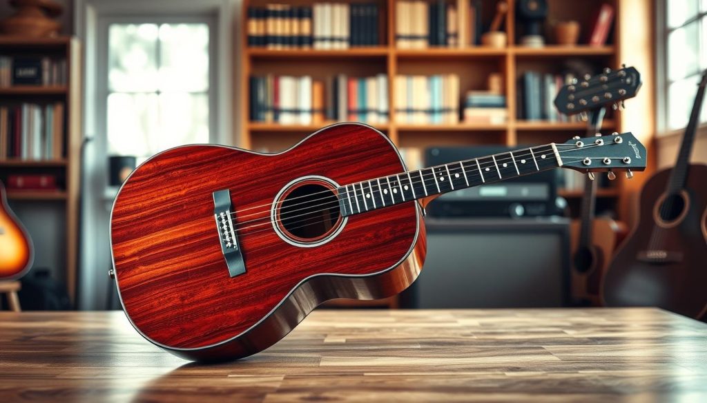 A stunning twelve-string acoustic guitar as the central focus, artistically displayed on a polished wooden table. The guitar features a beautifully crafted rosewood body with intricate inlays along the fretboard and a glossy finish reflecting soft natural light. In the background, a blurred cozy music studio with shelves of musical books and additional instruments conveys a serene atmosphere. The scene is captured from a slightly elevated angle to emphasize the curved contours of the guitar and the intricate details of its design. Warm, inviting lighting casts gentle shadows, enhancing the textures of the wood. The overall mood is inspiring, aimed at inviting musicians to appreciate the craftsmanship and depth of sound that a twelve-string guitar offers. A stunning twelve-string acoustic guitar as the central focus, artistically displayed on a polished wooden table. The guitar features a beautifully crafted rosewood body with intricate inlays along the fretboard and a glossy finish reflecting soft natural light. In the background, a blurred cozy music studio with shelves of musical books and additional instruments conveys a serene atmosphere. The scene is captured from a slightly elevated angle to emphasize the curved contours of the guitar and the intricate details of its design. Warm, inviting lighting casts gentle shadows, enhancing the textures of the wood. The overall mood is inspiring, aimed at inviting musicians to appreciate the craftsmanship and depth of sound that a twelve-string guitar offers.