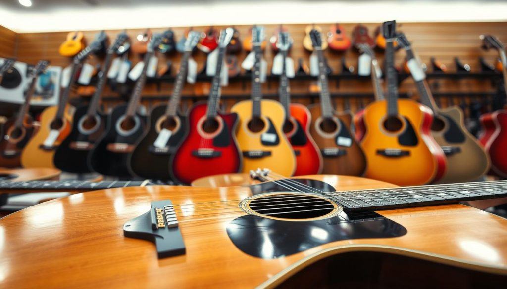 A well-organized scene showcasing a variety of Ibanez acoustic guitars arranged on a display table. In the foreground, a beautifully finished Ibanez guitar, with a sleek body and intricate wood grain, catches the light, emphasizing its craftsmanship. In the middle ground, additional models are slightly blurred, showcasing diverse colors and styles, with price tags attached to each guitar, hinting at budget considerations. The background features a soft-focus music shop interior with warm, inviting lighting that creates a cozy atmosphere. The overall mood is aspirational and encouraging for guitar enthusiasts, with bright highlights and subtle shadows to enhance the textures of the instruments. The image is captured from an eye-level perspective to engage viewers directly with the guitars. A well-organized scene showcasing a variety of Ibanez acoustic guitars arranged on a display table. In the foreground, a beautifully finished Ibanez guitar, with a sleek body and intricate wood grain, catches the light, emphasizing its craftsmanship. In the middle ground, additional models are slightly blurred, showcasing diverse colors and styles, with price tags attached to each guitar, hinting at budget considerations. The background features a soft-focus music shop interior with warm, inviting lighting that creates a cozy atmosphere. The overall mood is aspirational and encouraging for guitar enthusiasts, with bright highlights and subtle shadows to enhance the textures of the instruments. The image is captured from an eye-level perspective to engage viewers directly with the guitars.