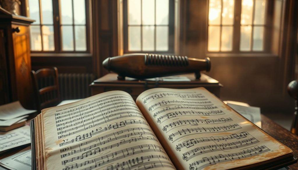 Tablature ocarina lecture: a grand old wooden ocarina sits atop a polished oak lectern, surrounded by scattered sheets of handwritten musical notation. Soft, warm lighting filters in through tall, dusty windows, casting a cozy, nostalgic glow over the scene. In the foreground, a weathered, leather-bound book lies open, revealing intricate tablature and fingering diagrams for playing the ancient, iconic instrument. The overall atmosphere evokes a sense of reverence and deep appreciation for the traditional craft of ocarina music. Tablature ocarina lecture: a grand old wooden ocarina sits atop a polished oak lectern, surrounded by scattered sheets of handwritten musical notation. Soft, warm lighting filters in through tall, dusty windows, casting a cozy, nostalgic glow over the scene. In the foreground, a weathered, leather-bound book lies open, revealing intricate tablature and fingering diagrams for playing the ancient, iconic instrument. The overall atmosphere evokes a sense of reverence and deep appreciation for the traditional craft of ocarina music.