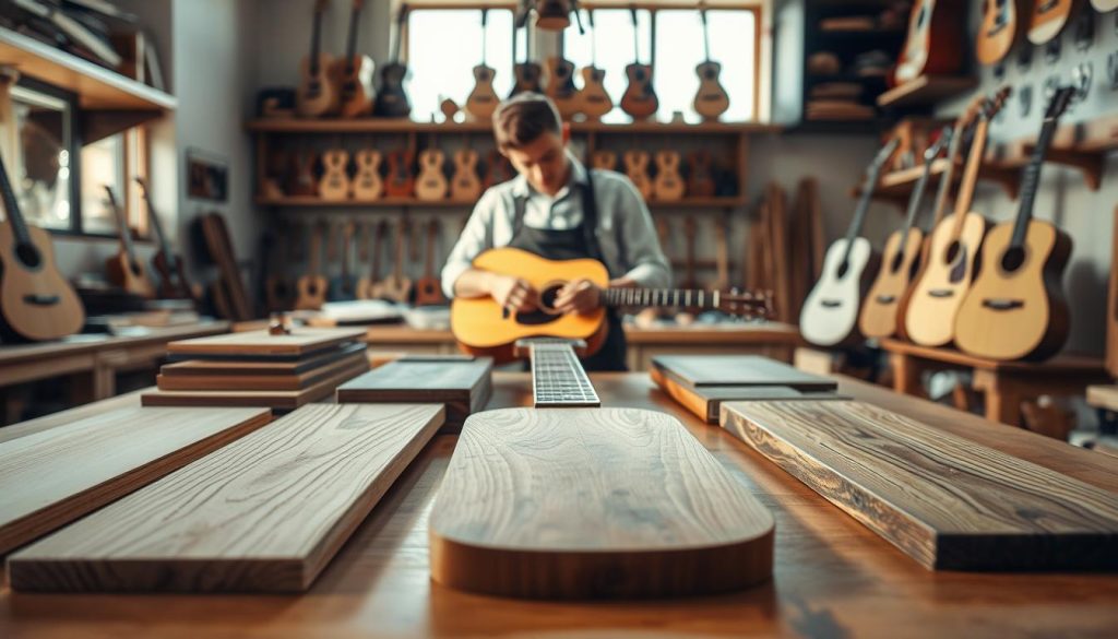 A beautifully arranged workspace showcasing the selection of woods for constructing an acoustic guitar. In the foreground, a variety of guitar wood samples—spruce, mahogany, and rosewood—are meticulously displayed on a polished wooden table. The middle ground features a skilled luthier, dressed in smart casual attire, carefully examining the grain patterns of a guitar body. Soft, diffused natural light streams in from a workshop window, creating warm highlights and gentle shadows, enhancing the rich textures of the wood. In the background, shelves filled with guitar-making tools and partially constructed guitars convey a sense of craftsmanship and creativity. The atmosphere is serene and focused, embodying the meticulous art of guitar construction. A beautifully arranged workspace showcasing the selection of woods for constructing an acoustic guitar. In the foreground, a variety of guitar wood samples—spruce, mahogany, and rosewood—are meticulously displayed on a polished wooden table. The middle ground features a skilled luthier, dressed in smart casual attire, carefully examining the grain patterns of a guitar body. Soft, diffused natural light streams in from a workshop window, creating warm highlights and gentle shadows, enhancing the rich textures of the wood. In the background, shelves filled with guitar-making tools and partially constructed guitars convey a sense of craftsmanship and creativity. The atmosphere is serene and focused, embodying the meticulous art of guitar construction.