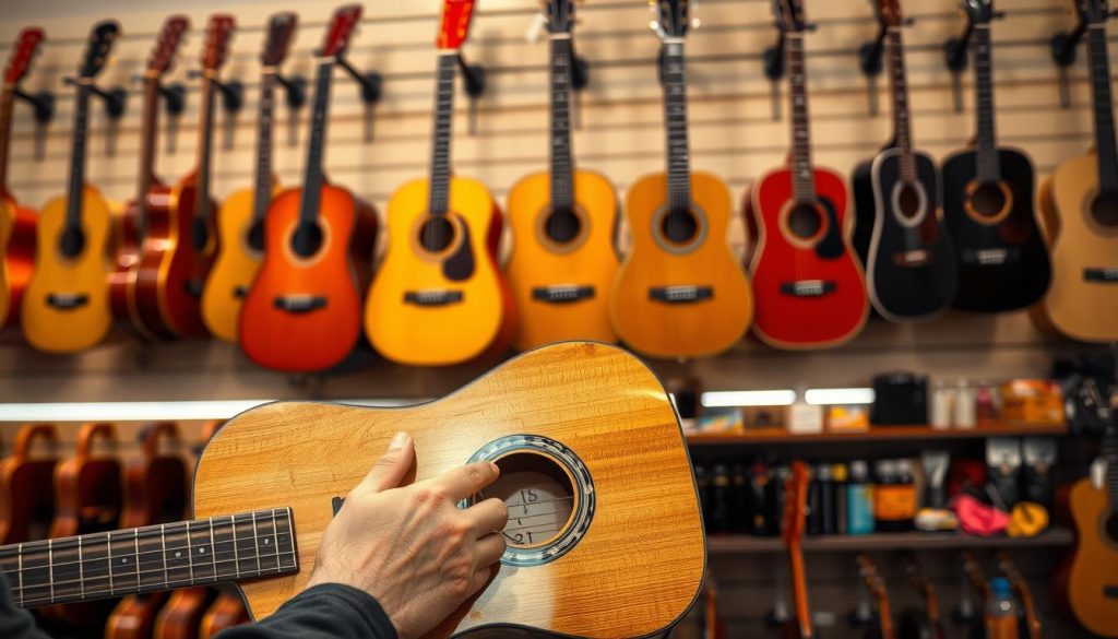 A close-up view of a person selecting an acoustic guitar in a well-lit music shop, showcasing various acoustic guitars hanging on the wall. The foreground features hands gracefully holding a beautifully crafted acoustic guitar, with rich wood textures and an intricate rosette. In the middle ground, a display of diverse acoustic models, emphasizing different shapes and colors, is showcased. The background reveals shelves filled with guitar maintenance tools like polish, strings, and cloths, creating an atmosphere of care and expertise. The lighting is warm, highlighting the guitars' details, while a slightly blurred background emphasizes the focus on the acoustic guitar. The scene conveys a sense of passion for music and the importance of proper instrument selection and maintenance. A close-up view of a person selecting an acoustic guitar in a well-lit music shop, showcasing various acoustic guitars hanging on the wall. The foreground features hands gracefully holding a beautifully crafted acoustic guitar, with rich wood textures and an intricate rosette. In the middle ground, a display of diverse acoustic models, emphasizing different shapes and colors, is showcased. The background reveals shelves filled with guitar maintenance tools like polish, strings, and cloths, creating an atmosphere of care and expertise. The lighting is warm, highlighting the guitars' details, while a slightly blurred background emphasizes the focus on the acoustic guitar. The scene conveys a sense of passion for music and the importance of proper instrument selection and maintenance.