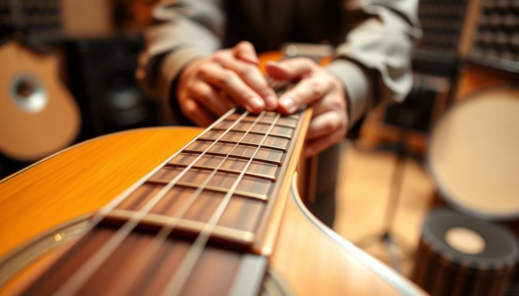 A close-up view of an acoustic guitar neck, emphasizing the smoothness and ergonomic design of the fretboard. The foreground features detailed wood grain patterns and polished frets, showcasing the quality craftsmanship. Soft, warm lighting highlights the curves of the guitar neck, creating a cozy and inviting atmosphere. In the middle ground, a pair of hands, dressed in professional attire, gently cradles the neck, conveying a sense of comfort and familiarity. The background is softly blurred, with the hints of a music studio, including muted tones of instruments and soundproofing, to keep the focus on the guitar. The ambiance is serene and reflective, ideal for a discussion on comfort and quality in musical instruments. A close-up view of an acoustic guitar neck, emphasizing the smoothness and ergonomic design of the fretboard. The foreground features detailed wood grain patterns and polished frets, showcasing the quality craftsmanship. Soft, warm lighting highlights the curves of the guitar neck, creating a cozy and inviting atmosphere. In the middle ground, a pair of hands, dressed in professional attire, gently cradles the neck, conveying a sense of comfort and familiarity. The background is softly blurred, with the hints of a music studio, including muted tones of instruments and soundproofing, to keep the focus on the guitar. The ambiance is serene and reflective, ideal for a discussion on comfort and quality in musical instruments.