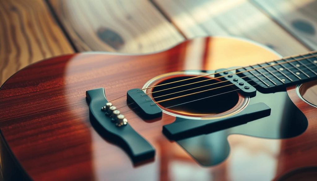 A detailed close-up of an electro-acoustic guitar showcasing its key components, including the soundhole, bridge, and pickups. The guitar body is made of glossy mahogany with a rich, warm finish, reflecting soft ambient lighting that creates a cozy atmosphere. Set against a blurred wooden background, emphasizing the craftsmanship of the guitar. The image is captured from a slightly angled perspective, highlighting the curves and contours of the instrument. Subtle shadows enhance the depth, while natural light accentuates the textures of the wood. The mood conveys an appreciation for music and craftsmanship, inviting viewers to explore the inner workings of sound amplification technology in the guitar. A detailed close-up of an electro-acoustic guitar showcasing its key components, including the soundhole, bridge, and pickups. The guitar body is made of glossy mahogany with a rich, warm finish, reflecting soft ambient lighting that creates a cozy atmosphere. Set against a blurred wooden background, emphasizing the craftsmanship of the guitar. The image is captured from a slightly angled perspective, highlighting the curves and contours of the instrument. Subtle shadows enhance the depth, while natural light accentuates the textures of the wood. The mood conveys an appreciation for music and craftsmanship, inviting viewers to explore the inner workings of sound amplification technology in the guitar.