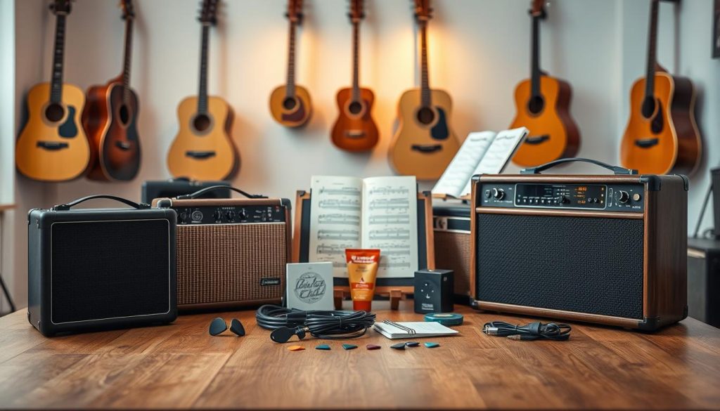 A detailed display of various types of acoustic guitar amplifiers arranged on a wooden table. In the foreground, showcase three distinct amplifier models: a compact portable amp, a traditional wooden amp, and a modern digital amp, each with unique features. In the middle, include accessories like guitar cables, picks, and a music stand with sheet music, creating a dynamic atmosphere. The background should feature soft-focus visuals of a cozy music room with acoustic guitars hanging on the walls and warm ambient lighting illuminating the scene. Capture a professional, inviting mood that encourages exploration and appreciation of acoustic guitar sound. Use a slightly angled perspective to highlight the depth and variety of the amplifiers. A detailed display of various types of acoustic guitar amplifiers arranged on a wooden table. In the foreground, showcase three distinct amplifier models: a compact portable amp, a traditional wooden amp, and a modern digital amp, each with unique features. In the middle, include accessories like guitar cables, picks, and a music stand with sheet music, creating a dynamic atmosphere. The background should feature soft-focus visuals of a cozy music room with acoustic guitars hanging on the walls and warm ambient lighting illuminating the scene. Capture a professional, inviting mood that encourages exploration and appreciation of acoustic guitar sound. Use a slightly angled perspective to highlight the depth and variety of the amplifiers.