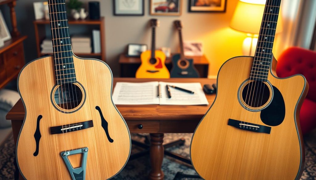 A detailed side-by-side comparison of a left-handed acoustic guitar and a right-handed acoustic guitar. In the foreground, showcase the two guitars, with the left-handed guitar featuring its unique string arrangement and body shape, contrasting with the standard right-handed model. In the middle ground, add a wooden table with music sheets and guitar accessories to create an engaging setting. The background should softly blur out a cozy music room ambiance, with warm lighting emanating from a lamp, creating an inviting atmosphere. Use a shallow depth of field to focus on the guitars while softly blurring the surroundings, capturing the nuances between the two types. Ensure the image conveys a sense of learning and exploration, ideal for understanding instrument differences. A detailed side-by-side comparison of a left-handed acoustic guitar and a right-handed acoustic guitar. In the foreground, showcase the two guitars, with the left-handed guitar featuring its unique string arrangement and body shape, contrasting with the standard right-handed model. In the middle ground, add a wooden table with music sheets and guitar accessories to create an engaging setting. The background should softly blur out a cozy music room ambiance, with warm lighting emanating from a lamp, creating an inviting atmosphere. Use a shallow depth of field to focus on the guitars while softly blurring the surroundings, capturing the nuances between the two types. Ensure the image conveys a sense of learning and exploration, ideal for understanding instrument differences.