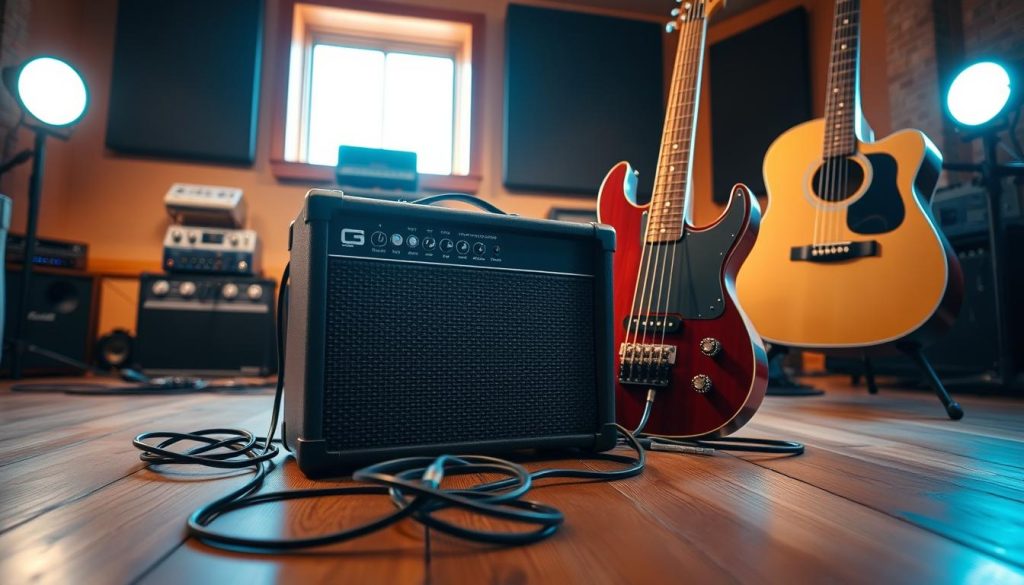 A modern, sophisticated guitar modeling amplifier prominently displayed on a wooden stage, with an acoustic guitar and a bass guitar leaning against it. The amp features bright LED lights indicating various settings, with cables elegantly coiling around the base. In the background, soft-focused effects racks and a selection of musical pedals reflect a professional studio vibe. The scene is illuminated with warm, ambient lighting, creating a cozy atmosphere that invites creativity. The angle is slightly low, capturing the details of the amp’s interface and the grain of the wooden stage. The mood is inspiring and dynamic, appealing to musicians seeking the perfect amplification for their acoustic performance. A modern, sophisticated guitar modeling amplifier prominently displayed on a wooden stage, with an acoustic guitar and a bass guitar leaning against it. The amp features bright LED lights indicating various settings, with cables elegantly coiling around the base. In the background, soft-focused effects racks and a selection of musical pedals reflect a professional studio vibe. The scene is illuminated with warm, ambient lighting, creating a cozy atmosphere that invites creativity. The angle is slightly low, capturing the details of the amp’s interface and the grain of the wooden stage. The mood is inspiring and dynamic, appealing to musicians seeking the perfect amplification for their acoustic performance.