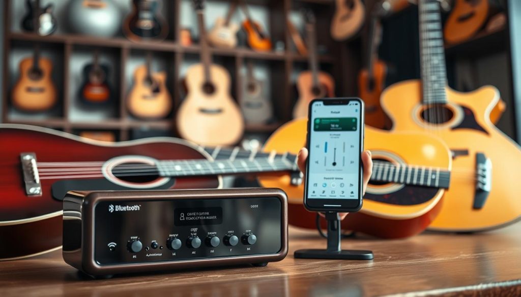 A sleek and modern Bluetooth amplifier for acoustic guitars sits prominently in the foreground, showcasing its glossy finish and intuitive controls. Surrounding it are stylish acoustic guitars with polished wood finishes, emphasizing their craftsmanship. In the middle ground, a smartphone displays a user-friendly app interface connected to the amplifier, illustrating the integration of modern technology. Soft, natural lighting creates a warm atmosphere, highlighting the details of the devices and the guitars, while a blurred background features an inviting music studio with shelves filled with various musical instruments, enhancing the creative ambiance of the scene. The mood is contemporary and inspiring, reflecting the innovative spirit of modern music technology. A sleek and modern Bluetooth amplifier for acoustic guitars sits prominently in the foreground, showcasing its glossy finish and intuitive controls. Surrounding it are stylish acoustic guitars with polished wood finishes, emphasizing their craftsmanship. In the middle ground, a smartphone displays a user-friendly app interface connected to the amplifier, illustrating the integration of modern technology. Soft, natural lighting creates a warm atmosphere, highlighting the details of the devices and the guitars, while a blurred background features an inviting music studio with shelves filled with various musical instruments, enhancing the creative ambiance of the scene. The mood is contemporary and inspiring, reflecting the innovative spirit of modern music technology.