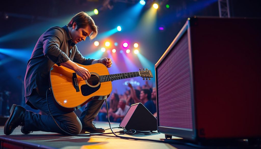 A vibrant scene depicting an acoustic-electric guitar being plugged into an amplifier on a lively stage. In the foreground, a guitarist, dressed in smart casual attire, kneels beside the amplifier, connecting a cable to the guitar's output jack with focused determination. The middle ground features the guitar, intricately detailed with a glossy finish reflecting stage lights, showcasing its elegant curves and natural wood grain. The background reveals a dimly lit concert setting, filled with colorful stage lights and silhouettes of a cheering audience, creating an energetic atmosphere. Soft, warm lighting enhances the mood, capturing the excitement of a live performance with a dynamic composition at a slight angle, emphasizing the action of connecting the guitar. A vibrant scene depicting an acoustic-electric guitar being plugged into an amplifier on a lively stage. In the foreground, a guitarist, dressed in smart casual attire, kneels beside the amplifier, connecting a cable to the guitar's output jack with focused determination. The middle ground features the guitar, intricately detailed with a glossy finish reflecting stage lights, showcasing its elegant curves and natural wood grain. The background reveals a dimly lit concert setting, filled with colorful stage lights and silhouettes of a cheering audience, creating an energetic atmosphere. Soft, warm lighting enhances the mood, capturing the excitement of a live performance with a dynamic composition at a slight angle, emphasizing the action of connecting the guitar.