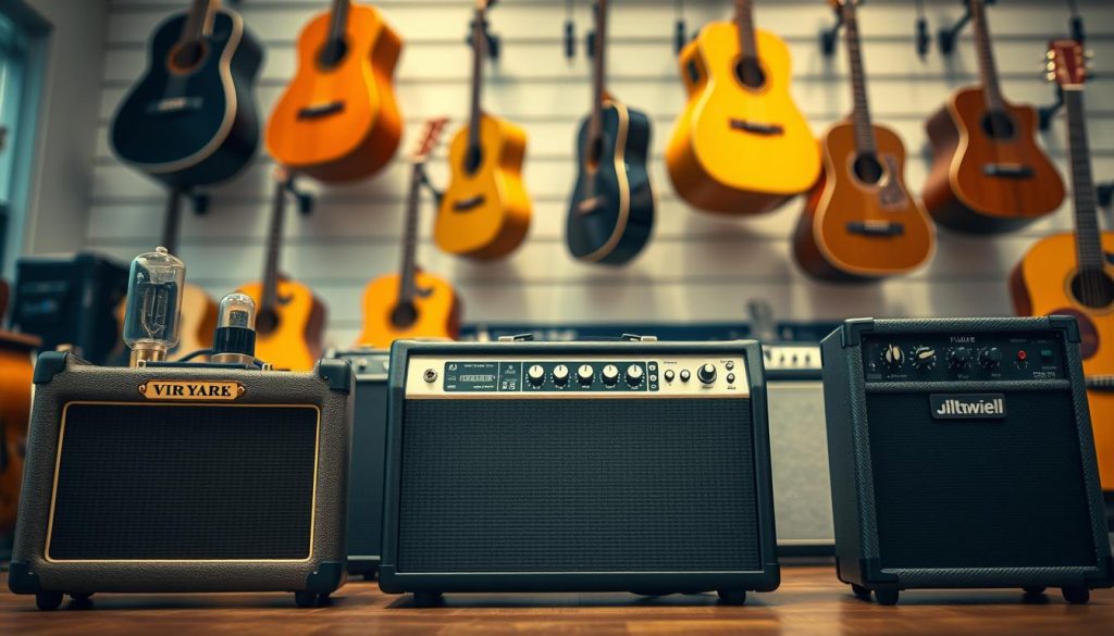 A visually engaging comparison of various acoustic guitar amplifier models displayed in a well-lit, modern music shop setting. In the foreground, showcase three distinct amplifiers with varied designs, including a vintage tube amp, a sleek digital model, and a portable battery-powered amp. Each amp should have dynamic features like knobs and dials in clear view. The middle ground includes a backdrop of acoustic guitars hung on the wall, enhancing the musical atmosphere. Soft, diffused lighting creates a warm ambiance, highlighting the textures of the amplifiers and guitars. The angle should be slightly above eye level, giving a comprehensive view of the amps while keeping the focus clear and informative. Use a shallow depth of field to blur the background gently, emphasizing the amplifiers in the foreground. A visually engaging comparison of various acoustic guitar amplifier models displayed in a well-lit, modern music shop setting. In the foreground, showcase three distinct amplifiers with varied designs, including a vintage tube amp, a sleek digital model, and a portable battery-powered amp. Each amp should have dynamic features like knobs and dials in clear view. The middle ground includes a backdrop of acoustic guitars hung on the wall, enhancing the musical atmosphere. Soft, diffused lighting creates a warm ambiance, highlighting the textures of the amplifiers and guitars. The angle should be slightly above eye level, giving a comprehensive view of the amps while keeping the focus clear and informative. Use a shallow depth of field to blur the background gently, emphasizing the amplifiers in the foreground.