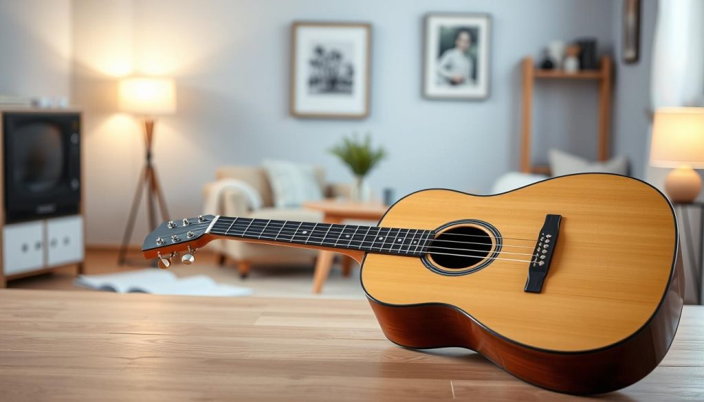 A well-lit scene featuring a budget-friendly left-handed acoustic guitar placed prominently in the foreground. The guitar, with a natural wood finish and simple yet elegant design, rests on a clean wooden surface, showcasing its smooth curves and detailed fretboard. In the middle ground, include a cozy, inviting room setting with soft lighting, hinting at a relaxed atmosphere. A few music sheets scattered nearby, suggesting a practice space. The background features muted colors, such as pale blue walls or light wood paneling, creating a calm environment conducive to playing music. The scene should evoke a sense of accessibility and inspiration for musicians at any budget, focusing on the beauty and simplicity of the guitar. Aim for a warm, inviting mood with a depth that draws attention to the instrument. A well-lit scene featuring a budget-friendly left-handed acoustic guitar placed prominently in the foreground. The guitar, with a natural wood finish and simple yet elegant design, rests on a clean wooden surface, showcasing its smooth curves and detailed fretboard. In the middle ground, include a cozy, inviting room setting with soft lighting, hinting at a relaxed atmosphere. A few music sheets scattered nearby, suggesting a practice space. The background features muted colors, such as pale blue walls or light wood paneling, creating a calm environment conducive to playing music. The scene should evoke a sense of accessibility and inspiration for musicians at any budget, focusing on the beauty and simplicity of the guitar. Aim for a warm, inviting mood with a depth that draws attention to the instrument.